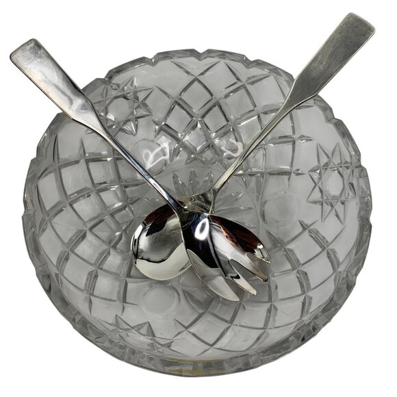 VTG Handmade Lead Crystal Salad Bowl With 2 Silverplated Salad Servers Italy - Picture 2 of 10
